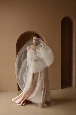 Büyümekte olan güzel bir gelinin portresi. Pencerenin yanındaki odada poz veren kız.