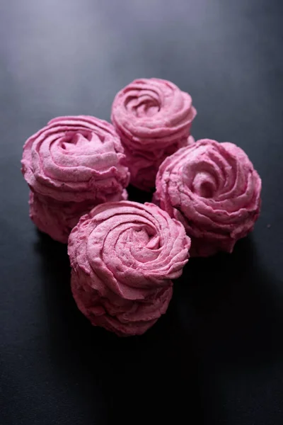 Homemade Pink Marshmallow Black Background Top View — Stok Foto