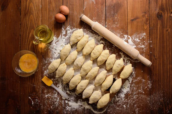 Raw Homemade Pies Wooden Background — Stock Photo, Image