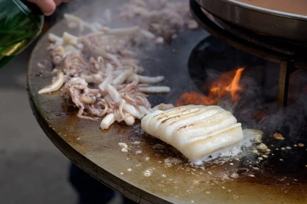 Octopus Meat Prepared Street Food Festival Smoke Fire — Stock Photo, Image