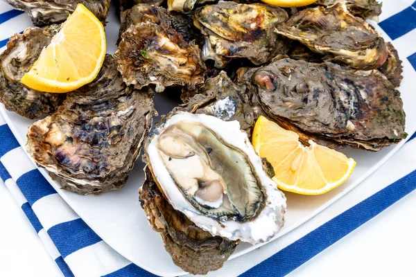 Oysters on a dish with lemon — Stock Photo, Image