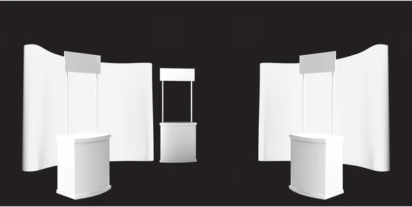 무역 전시회 전시, 전시 장비, 스탠드의 일련의 3d 렌더링 시각화 라운드 서 서 — 스톡 벡터