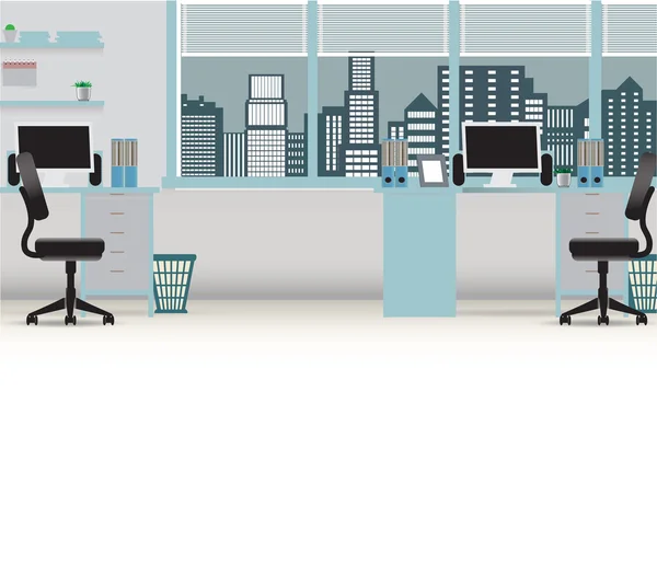 Office interior vector business background, tables chairs, computer desk, desktop, window, city, employee, empty, on the tables with computers — Stock Vector