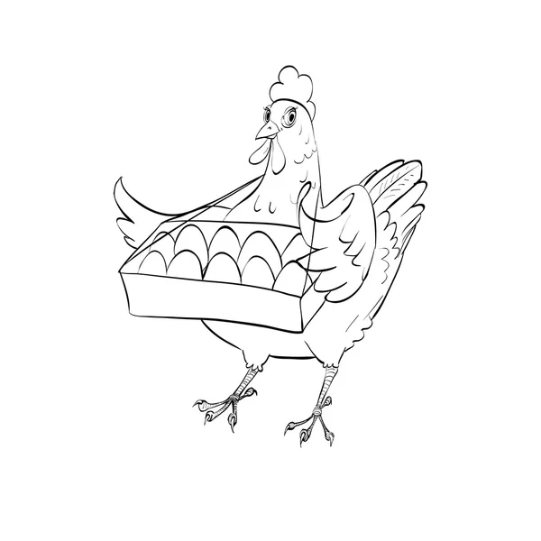 Gallina sosteniendo una bandeja de huevos, huevos, aves de corral, agricultura, vect — Vector de stock