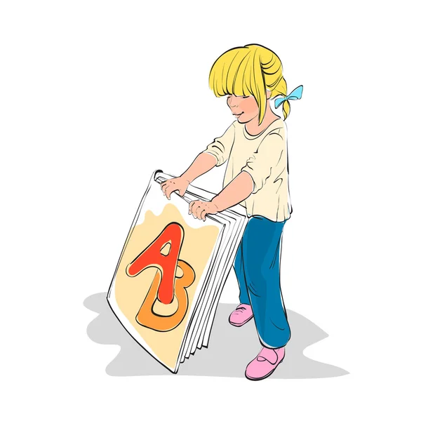 Menina segurando um livro estudo das letras ABC livro, vetor illust —  Vetores de Stock