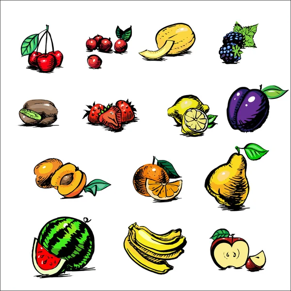 Äpple, blackberry, aprikos, vattenmelon, banan, kiwi, apelsin, cantaloupemelon, körsbär, jordgubbar, kgrusha, citron, frukt och ovozi akvarell vektor uppsättning ikoner — Stock vektor