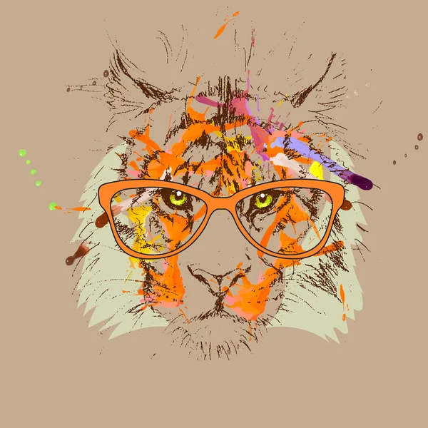 Vector tiger hipster glasses drawing, illustration — Stock Vector