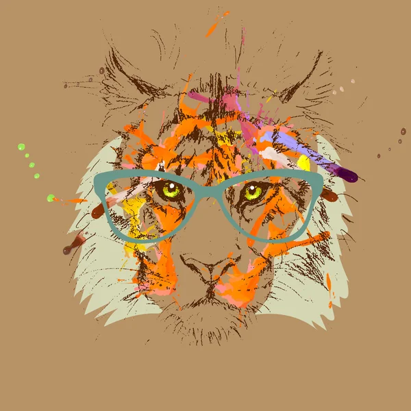 Vettoriale tigre hipster occhiali disegno, illustrazione — Vettoriale Stock
