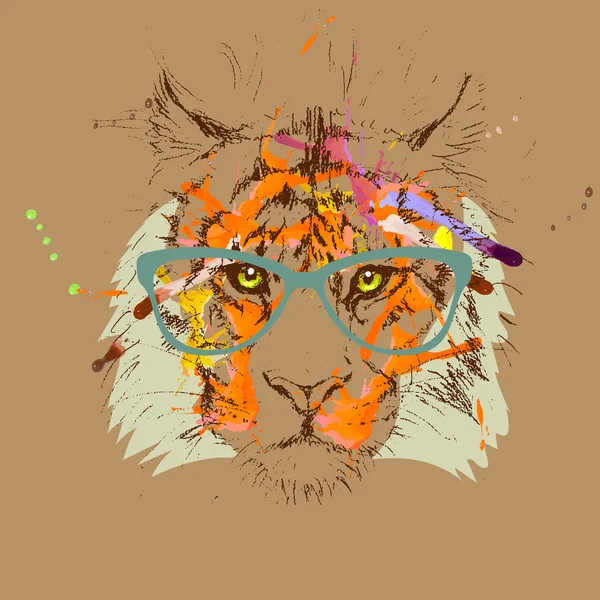 Vector tigre gafas hipster dibujo, ilustración — Vector de stock