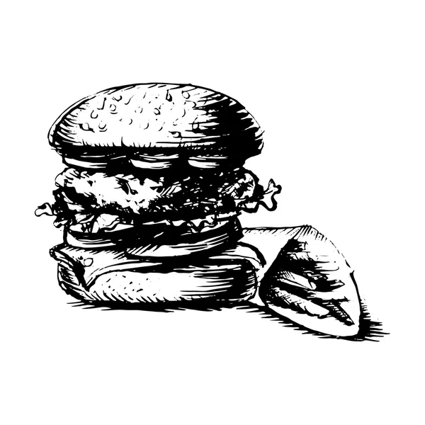 Burger, Hamburger. Zeichnung schwarzweiße Silhouette, Graphik, — Stockvektor