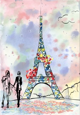 Eiffel romantik illüstrasyon kalp çerçeve su colo çizim Tur