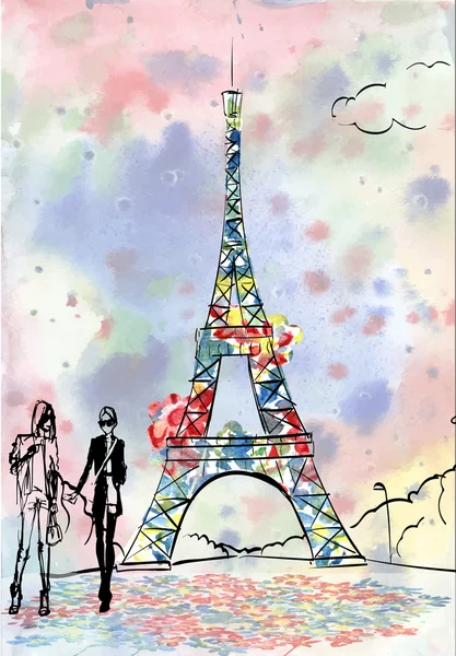 Tour Eiffel Romantyczne ilustracja serca rama rysunek wody colo — Wektor stockowy