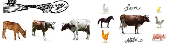 印刷農業の鶏の牛の馬のヤギ動物のアイコンのセット — ストックベクタ