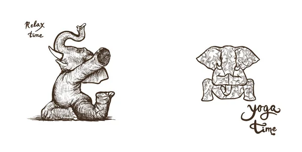 Ilustração Desenhada Mão Elefante Praticando Ioga —  Vetores de Stock