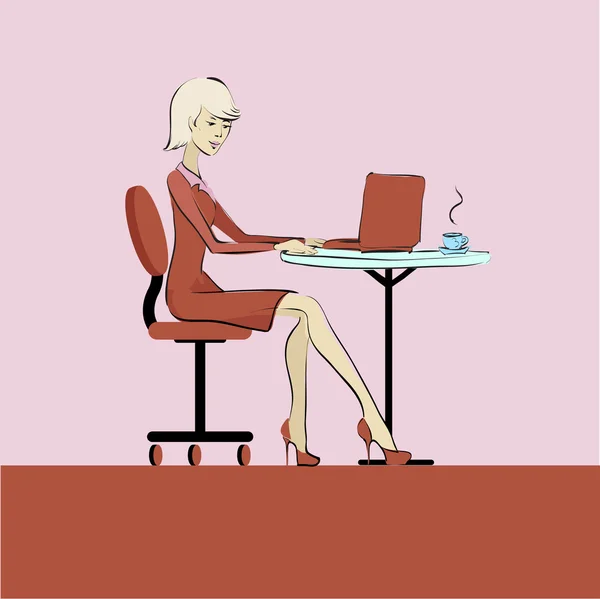 Mujer de negocios con portátil en la oficina de la mesa — Vector de stock