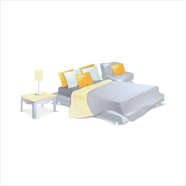 Dormitorio, cama, mesita de noche sillón en un vector — Vector de stock