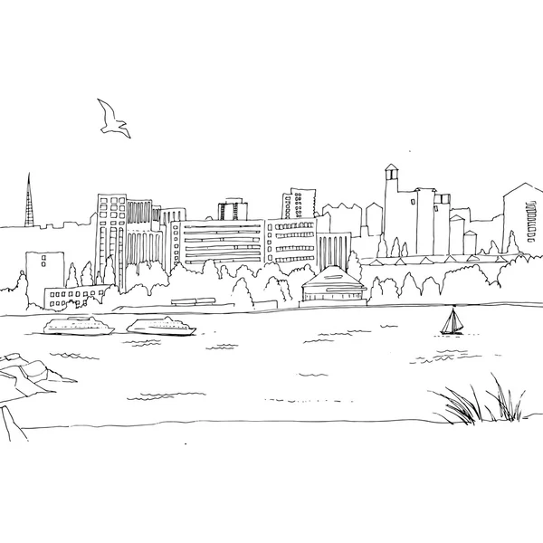 Town and river ships drawing contour — Stock Photo, Image