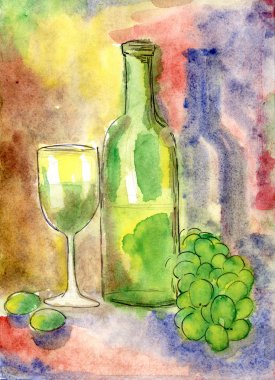 glass of wine and grapes bottle of water color drawing