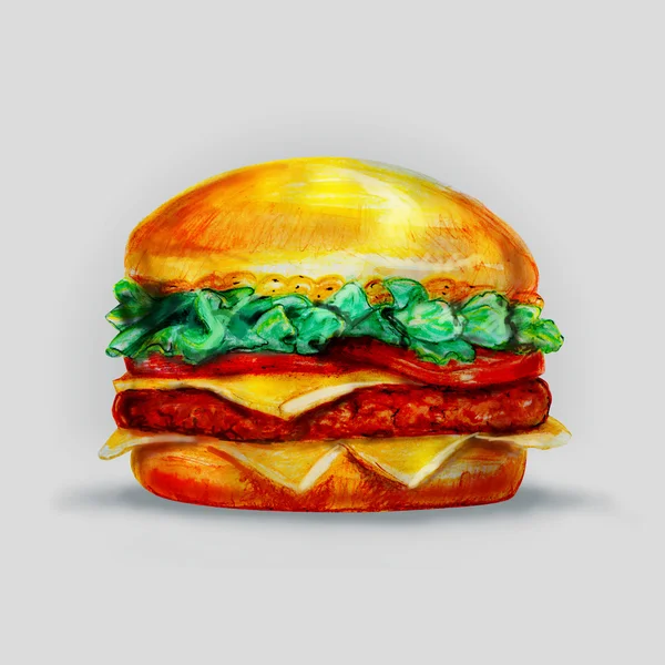 Hamburger, drawn with colored pencils, in grunge style with space for text, retro style — Stok fotoğraf