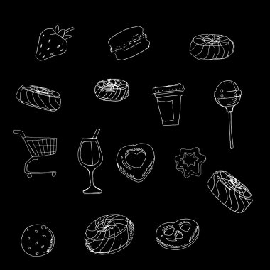 Food icon candy glass, truck, cup, cookies, strawberries, drawin clipart