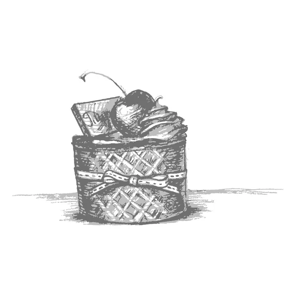 Lápiz ilustración de la torta con cerezas y crema vector — Archivo Imágenes Vectoriales