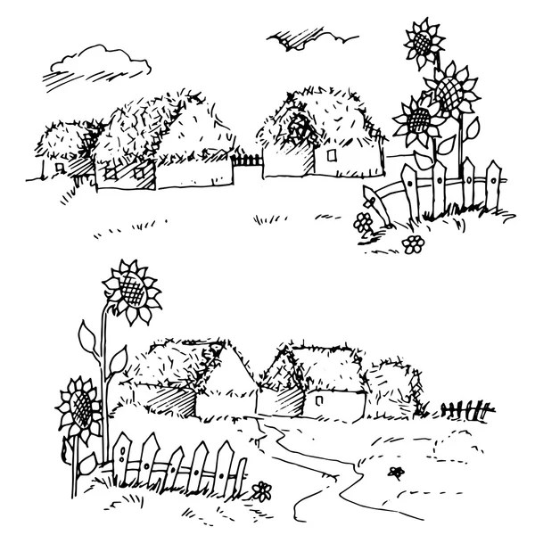 Dorp dorp hut en zonnebloemen contour vector tekening — Stockvector