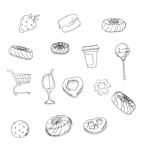 Pictograma alimentară bomboane de sticlă, camion, ceașcă, cookie-uri, căpșuni, drawin — Vector de stoc