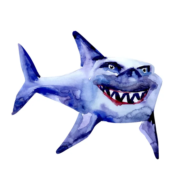 Divertido tiburón de dibujos animados acuarela dibujo vector — Archivo Imágenes Vectoriales