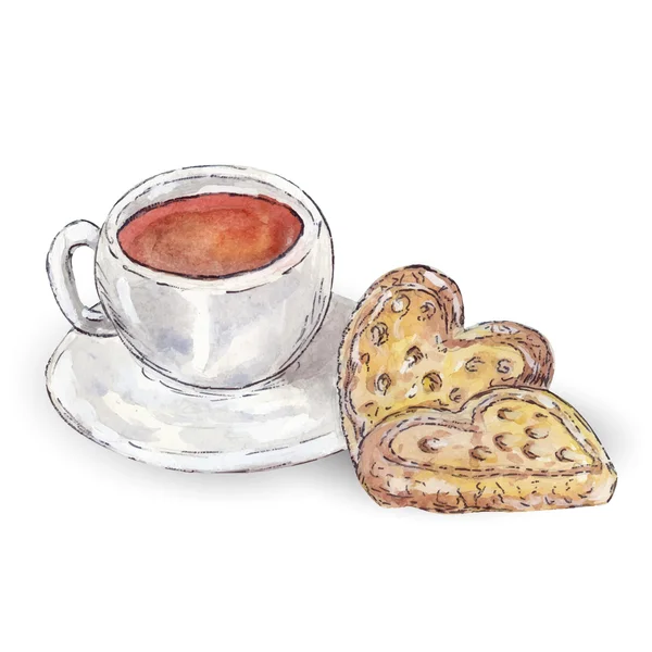 Kopje thee met koekjes aquarel illustratie — Stockvector