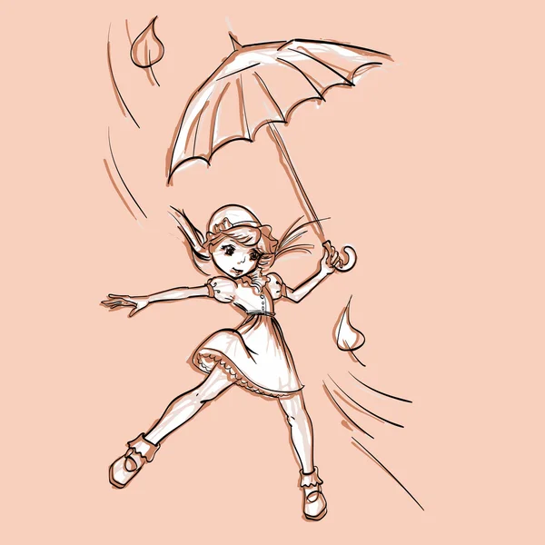 Gadis terbang di atas payung - Stok Vektor