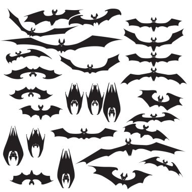 Set bats Halloween vector illustration hanging upside down and in flight, to print labels and office decoration, crafts, template for cutting