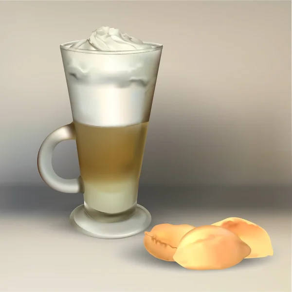 Copo de vidro alto de cappuccino com chantilly feito camadas, ilustrações isoladas, latte vetor —  Vetores de Stock