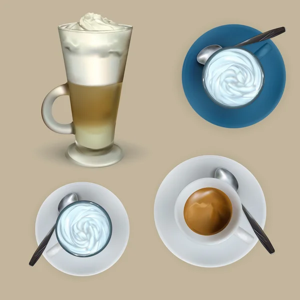 Taza de vidrio alto de capuchino con crema batida hecho capas, ilustraciones aisladas, latte vector — Vector de stock