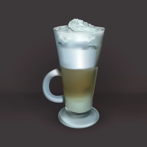 Grande tasse en verre de cappuccino avec des couches de crème fouettée, illustrations isolées, latte vectoriel — Image vectorielle