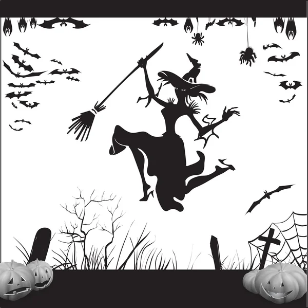 Bruja de Halloween en un palo de escoba volando, silueta, ilustración vectorial de un murciélago, araña, tela, tumbas, murciélago colgando boca abajo en vuelo, impresión de etiquetas y decoración de oficina, artesanía, corte de patrones — Vector de stock