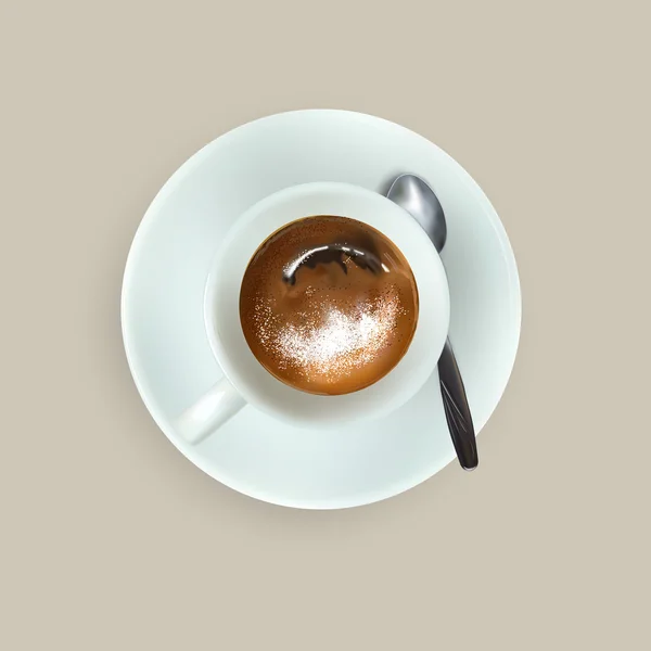 Vector cup of espresso coffee, top view, saucer, spoon — Stockvector