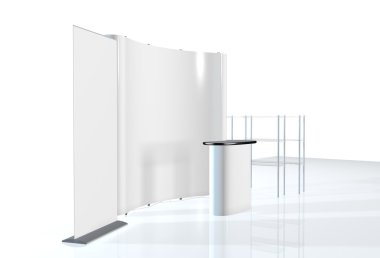 Ticaret Fuar Standı, Fuar Stand yuvarlak, Sergi donatımı 3d render görselleştirme, bir dizi standları, beyaz bir arka plan ile yer metin reklamlar için reklam alanı
