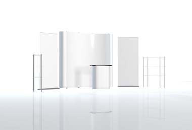 Ticaret Fuar Standı, Fuar Stand yuvarlak, Sergi donatımı 3d render görselleştirme, bir dizi standları, beyaz bir arka plan ile yer metin reklamlar için reklam alanı