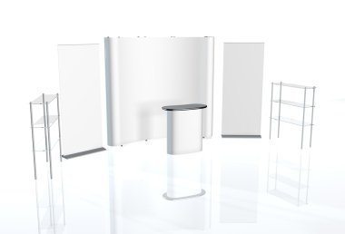 Ticaret Fuar Standı, Fuar Stand yuvarlak, Sergi donatımı 3d render görselleştirme, bir dizi standları, beyaz bir arka plan ile yer metin reklamlar için reklam alanı