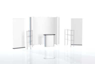 Ticaret Fuar Standı, Fuar Stand yuvarlak, Sergi donatımı 3d render görselleştirme, bir dizi standları, beyaz bir arka plan ile yer metin reklamlar için reklam alanı