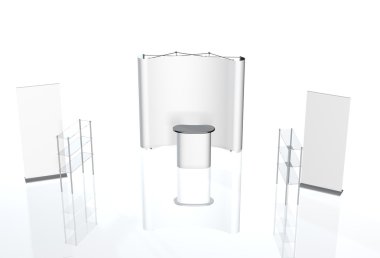 Ticaret Fuar Standı, Fuar Stand yuvarlak, Sergi donatımı 3d render görselleştirme, bir dizi standları, beyaz bir arka plan ile yer metin reklamlar için reklam alanı