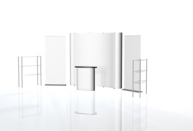 Ticaret Fuar Standı, Fuar Stand yuvarlak, Sergi donatımı 3d render görselleştirme, bir dizi standları, beyaz bir arka plan ile yer metin reklamlar için reklam alanı