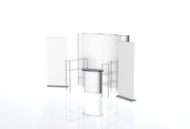 Ticaret Fuar Standı, Fuar Stand yuvarlak, Sergi donatımı 3d render görselleştirme, bir dizi standları, beyaz bir arka plan ile yer metin reklamlar için reklam alanı