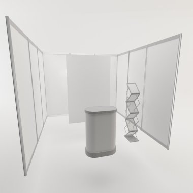 Ticaret Fuar Standı, Fuar Stand yuvarlak, Sergi donatımı 3d render görselleştirme, bir dizi standları, beyaz bir arka plan ile yer metin reklamlar için reklam alanı