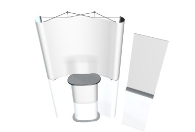 Ticaret Fuar Standı, Fuar Stand yuvarlak, Sergi donatımı 3d render görselleştirme, bir dizi standları, beyaz bir arka plan ile yer metin reklamlar için reklam alanı