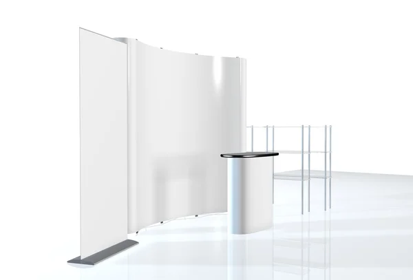 Trade exhibition stand, Exhibition Stand round, 3D rendering visualization of exhibition equipment, a set of stands, Advertising space on a white background, with space for text ads — Stock Photo, Image