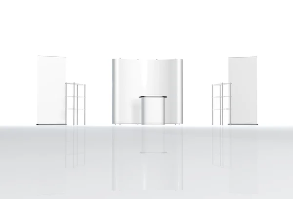 Messestand, Rundstand, 3D-Rendering-Visualisierung von Ausstellungsgeräten, eine Reihe von Ständen, Werbefläche auf weißem Hintergrund, mit Platz für Textanzeigen — Stockfoto