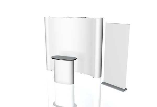 Ticaret Fuar Standı, Fuar Stand yuvarlak, Sergi donatımı 3d render görselleştirme, bir dizi standları, beyaz bir arka plan ile yer metin reklamlar için reklam alanı
