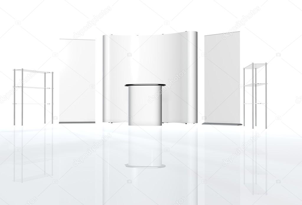 Trade exhibition stand, Exhibition Stand round, 3D rendering visualization of exhibition equipment, a set of stands, Advertising space on a white background, with space for text ads