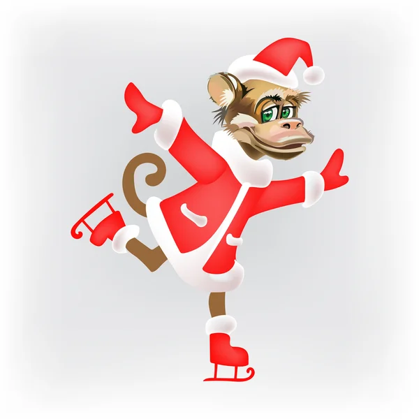 Ein Affe im Anzug des Weihnachtsmannes Schlittschuhlaufen isoliert Neujahr Vektor — Stockvektor